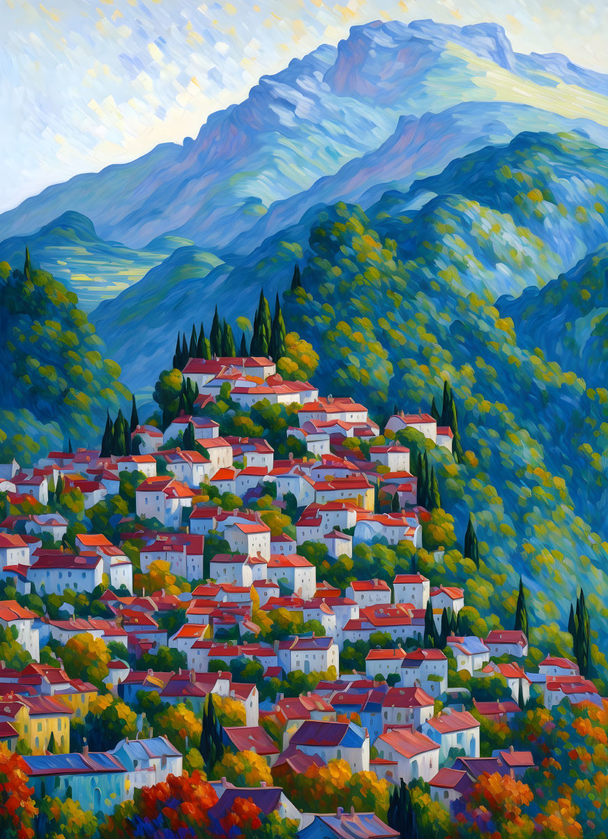 Colorful impressionistic painting of hilltop village with mountains in bold swirls