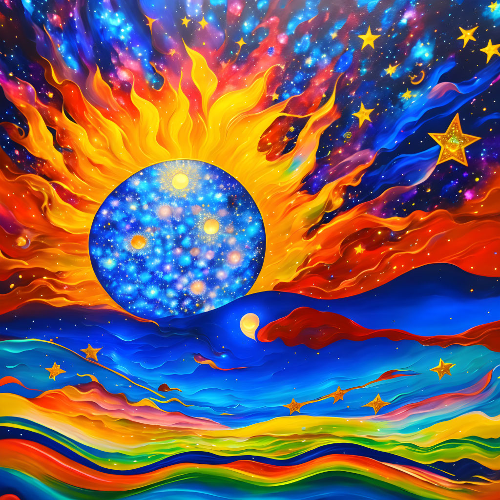 Colorful Cosmic Painting with Star-Filled Sphere and Fiery Waves