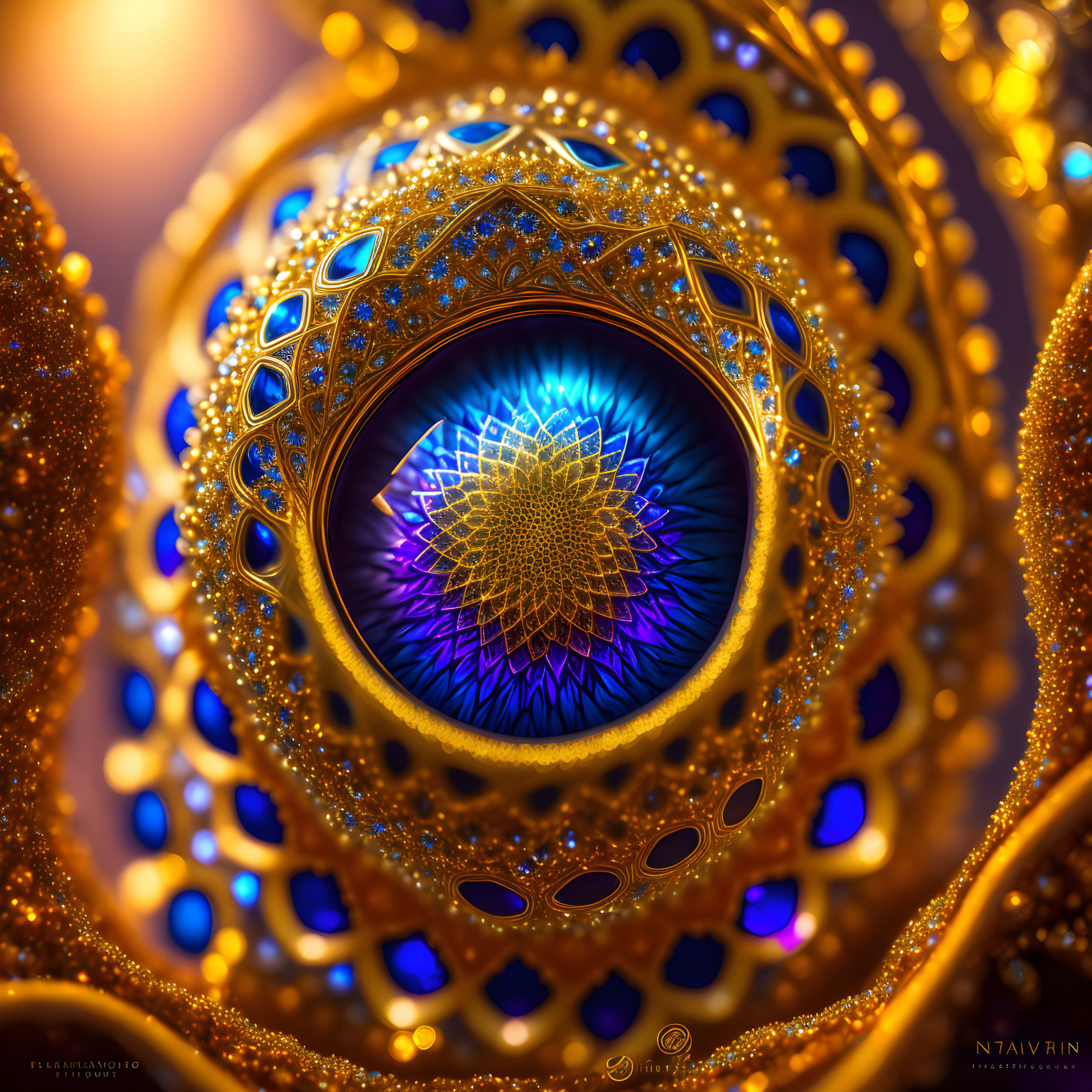 Intricate Blue and Purple Fractal Design with Ornate Golden Patterns