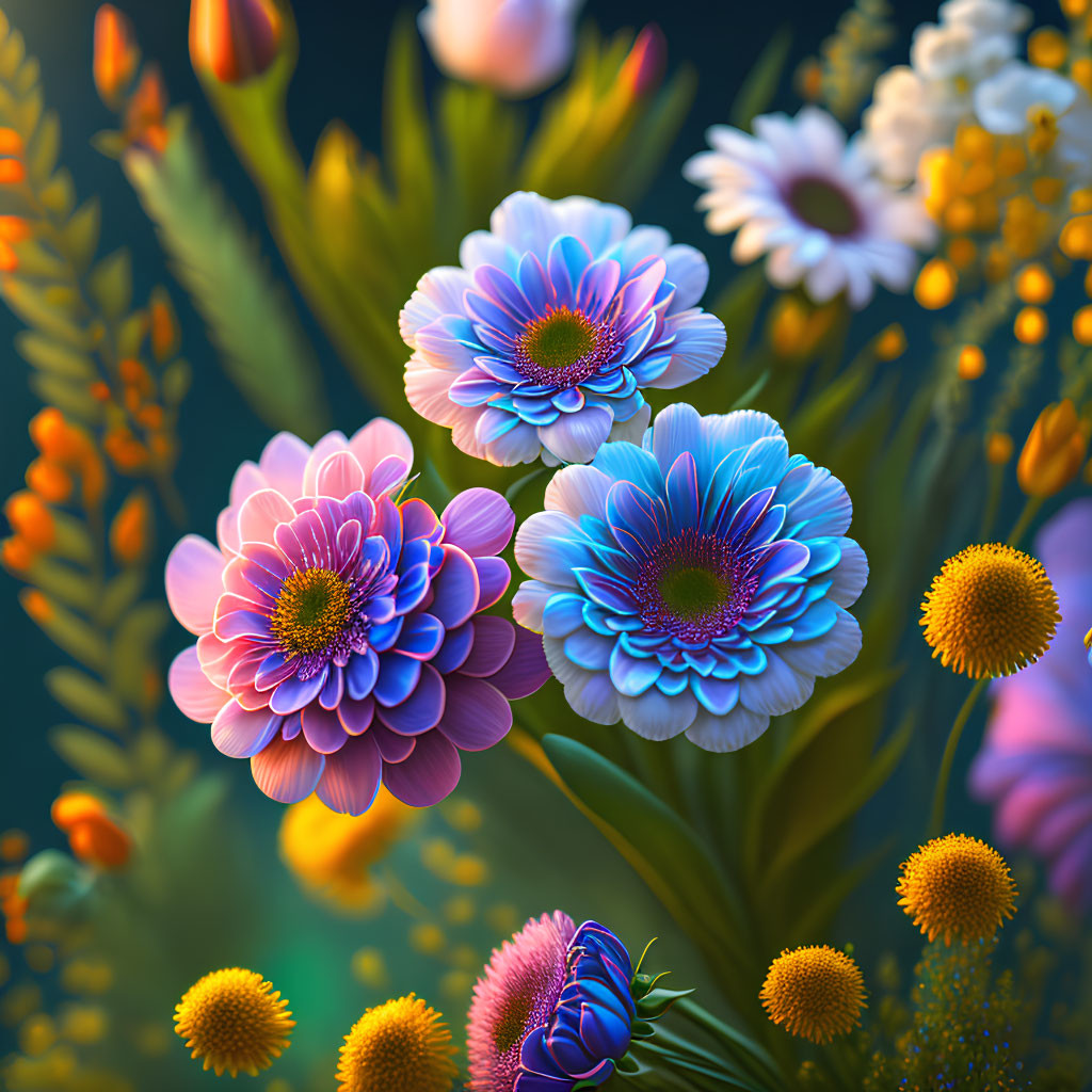 Colorful digital flowers in vibrant blues, purples, and yellows with intricate details.