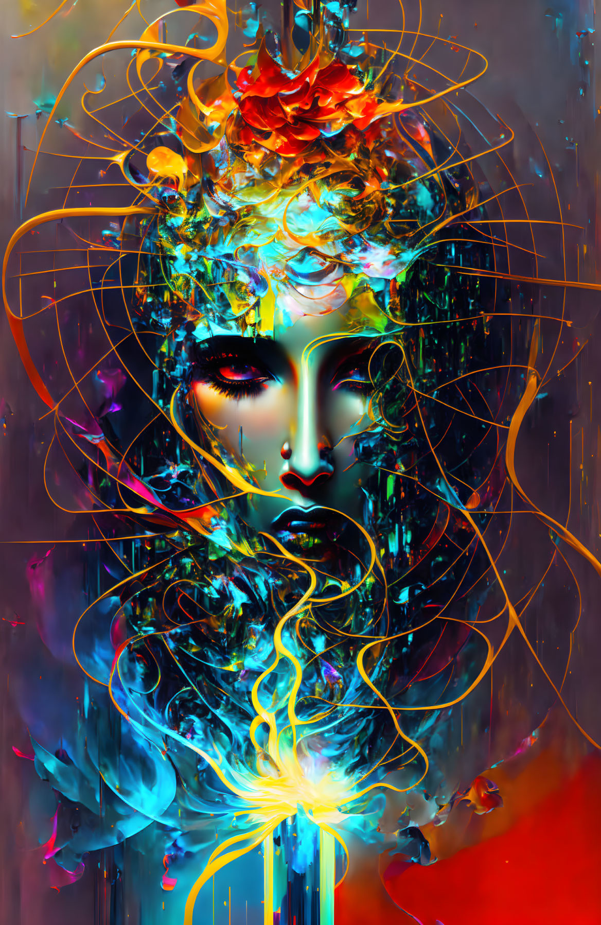 Colorful Abstract Digital Art: Stylized Female Face with Flowing Lines