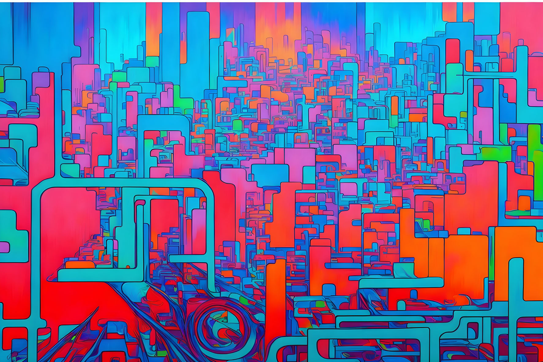 Colorful Abstract Cityscape Painting with Overlapping Shapes in Blue, Red, and Orange