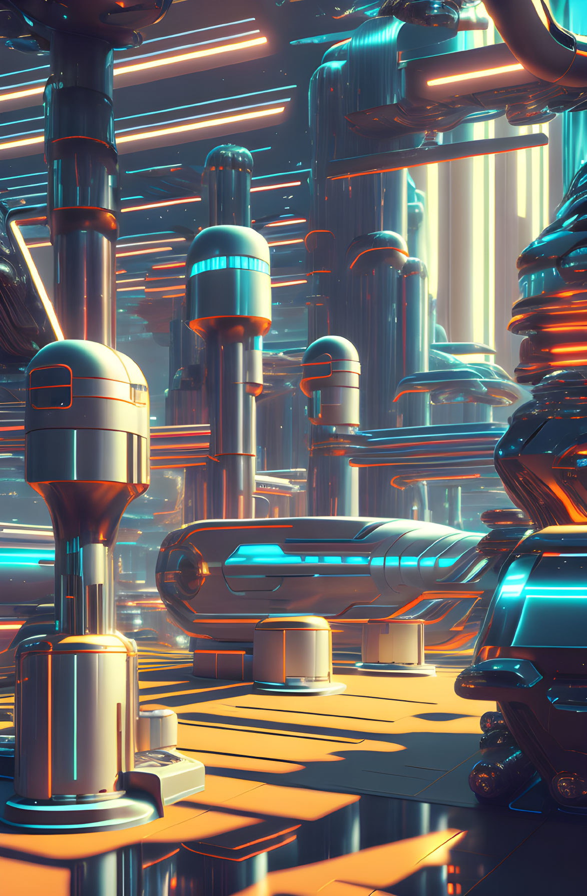 Futuristic industrial scene with glowing neon lights and advanced machinery