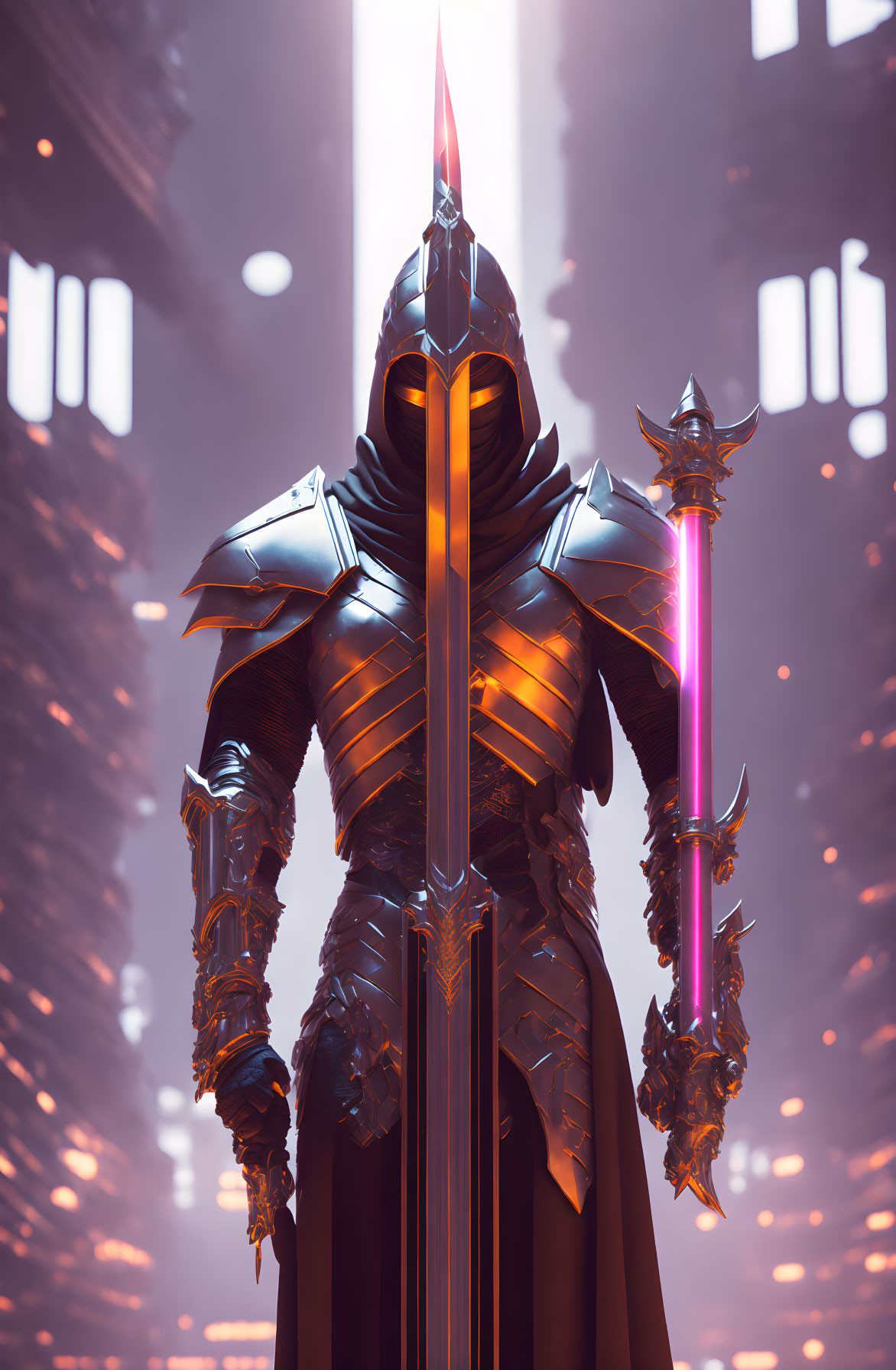 Futuristic knight in black armor with red visor and neon pink sword in cityscape.