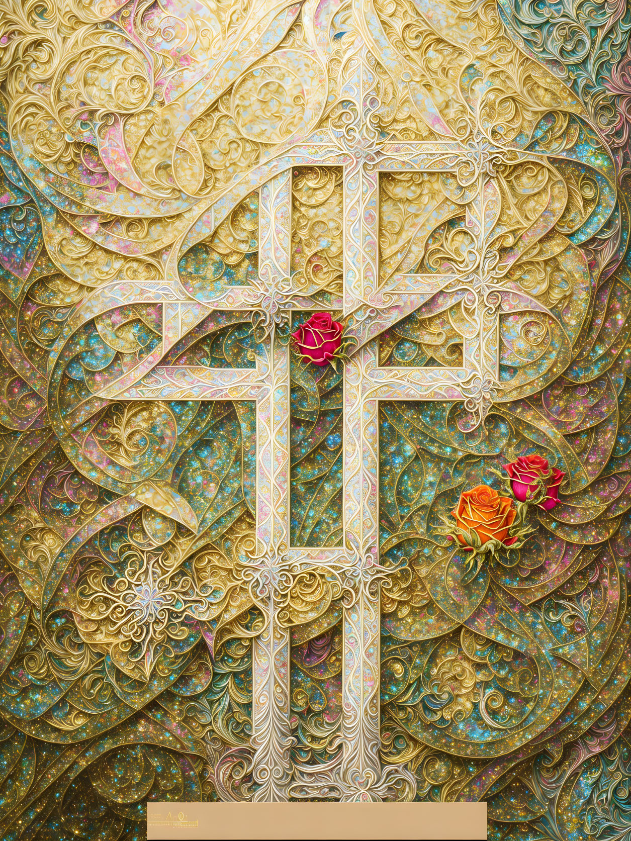 Elaborate ornate cross with roses on golden background