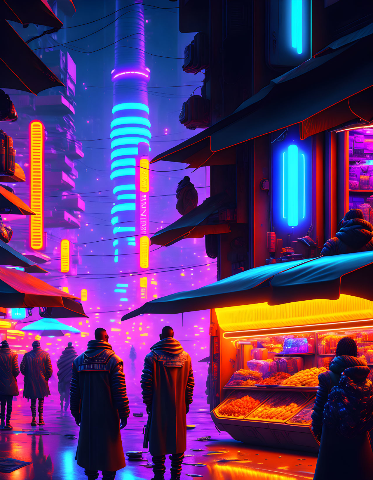 Futuristic neon-lit cyberpunk cityscape at night