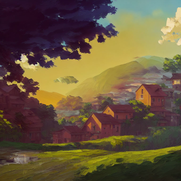 Serene village in lush hills with warm sunlight and dramatic sky