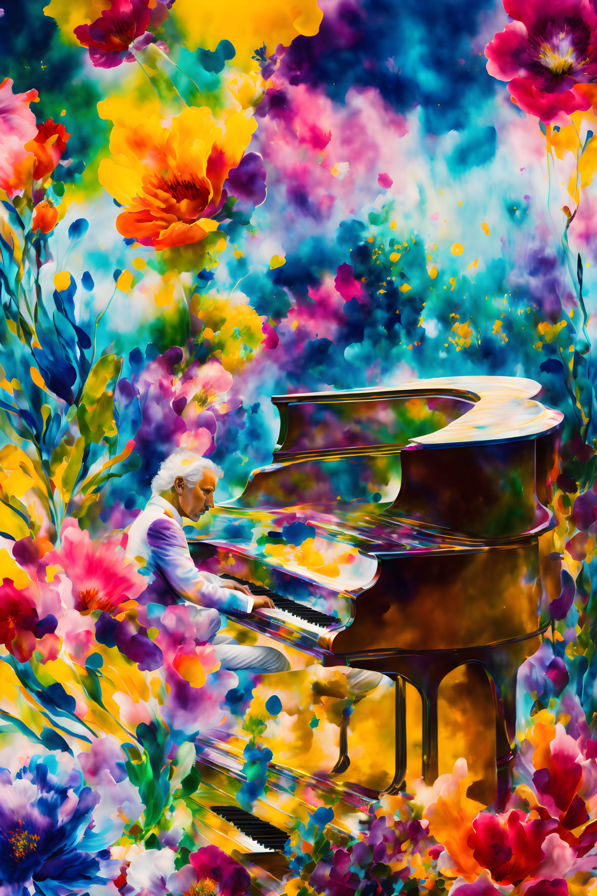 Person playing grand piano in vibrant abstract floral setting