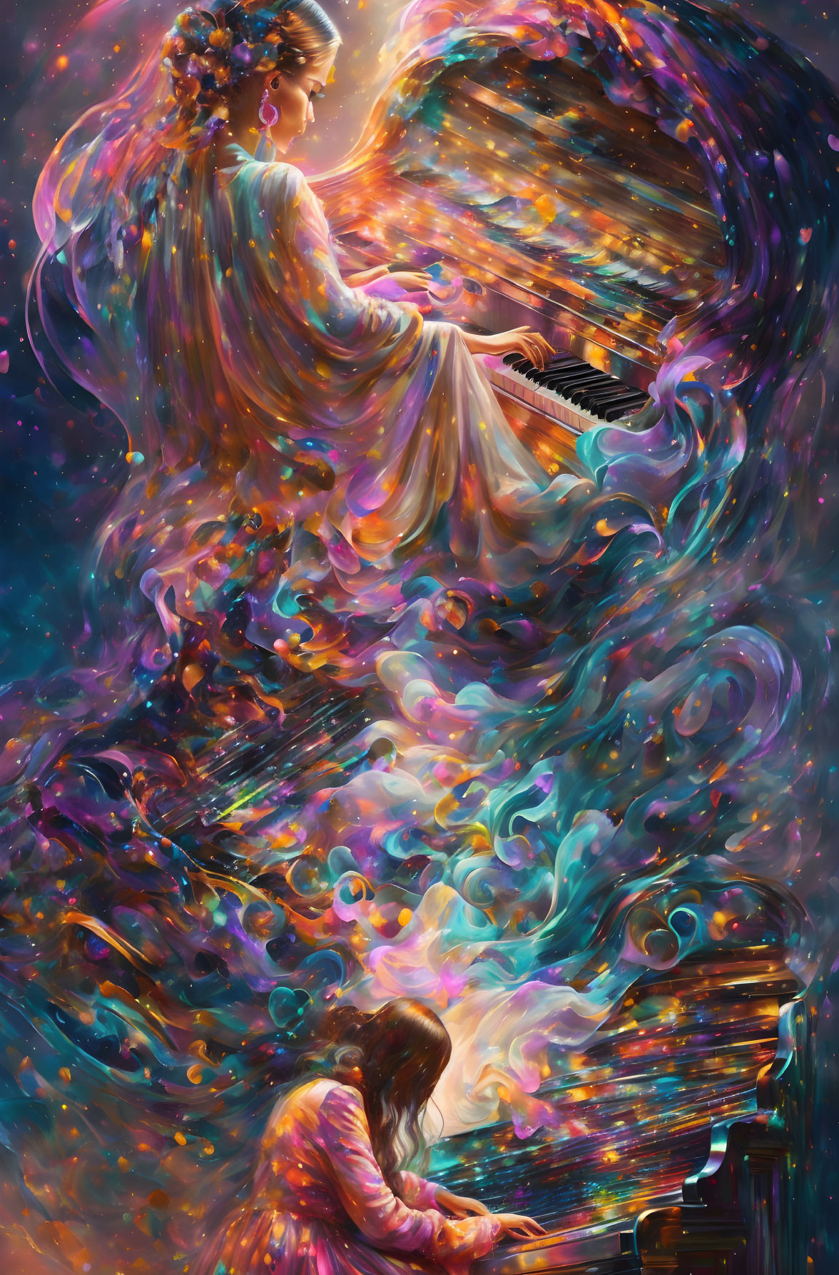 Vibrant artwork: Woman playing piano with cosmic swirl.