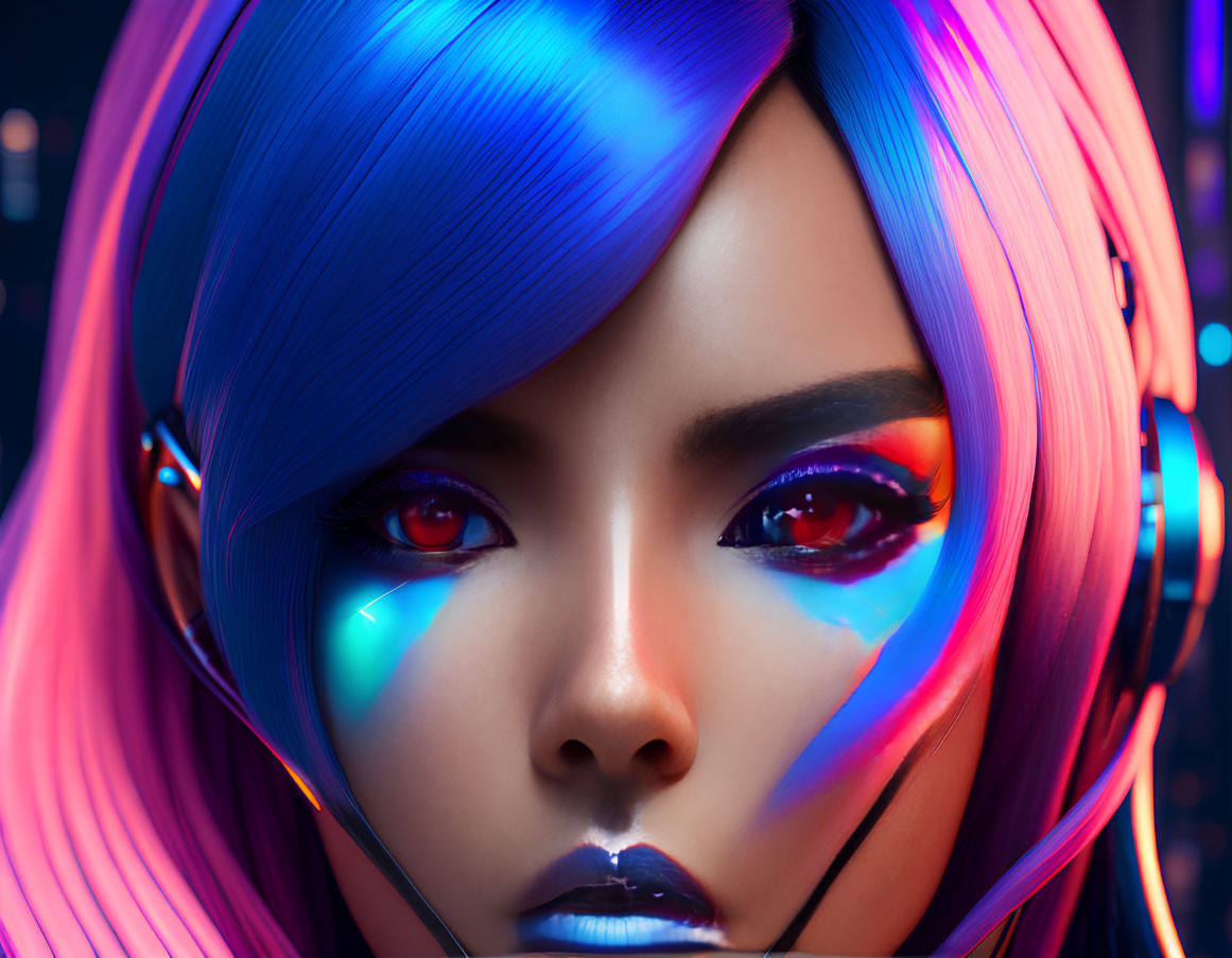 Vibrant blue and pink hair woman under neon lights with futuristic headphones