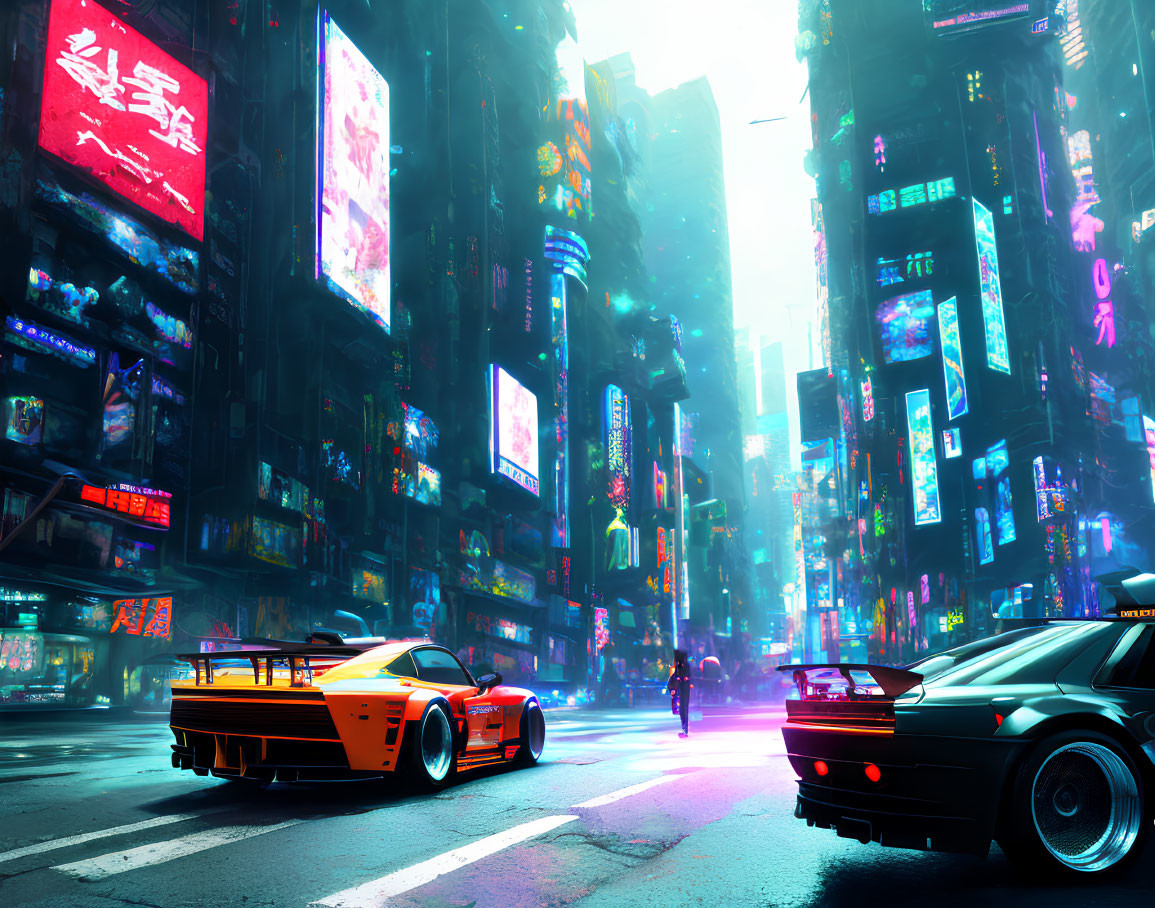 Futuristic neon-lit cityscape with skyscrapers and cyberpunk cars