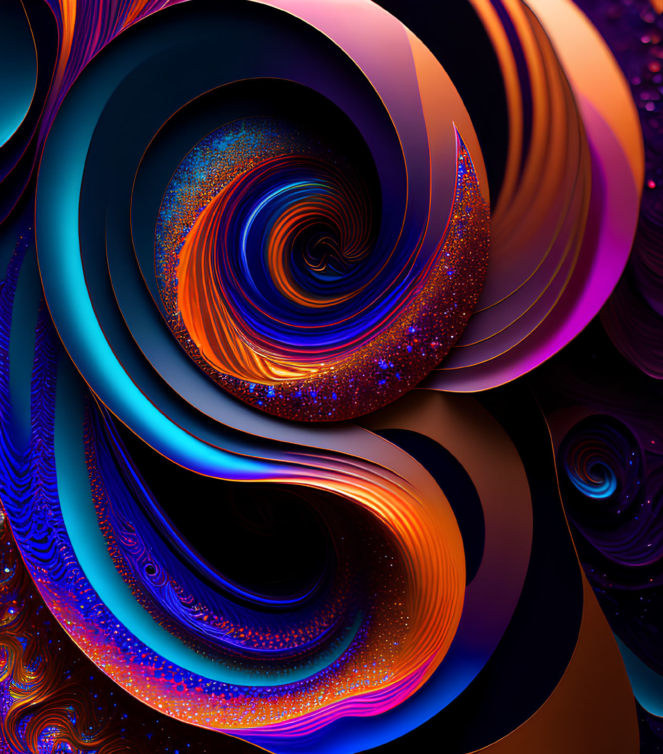 Abstract Digital Artwork: Swirling Patterns in Blues, Oranges, and Purples