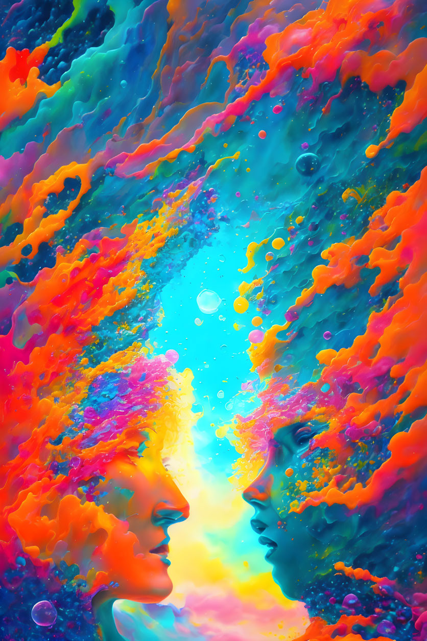 Silhouettes merging in vibrant abstract background with flowing paint and bubbles