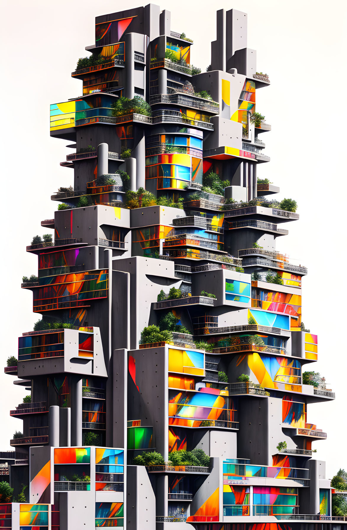 Vibrant geometric patterns on futuristic high-rise with greenery