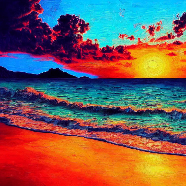 Colorful beach sunset painting with fiery sky, radiant sun, dark clouds, and crashing waves