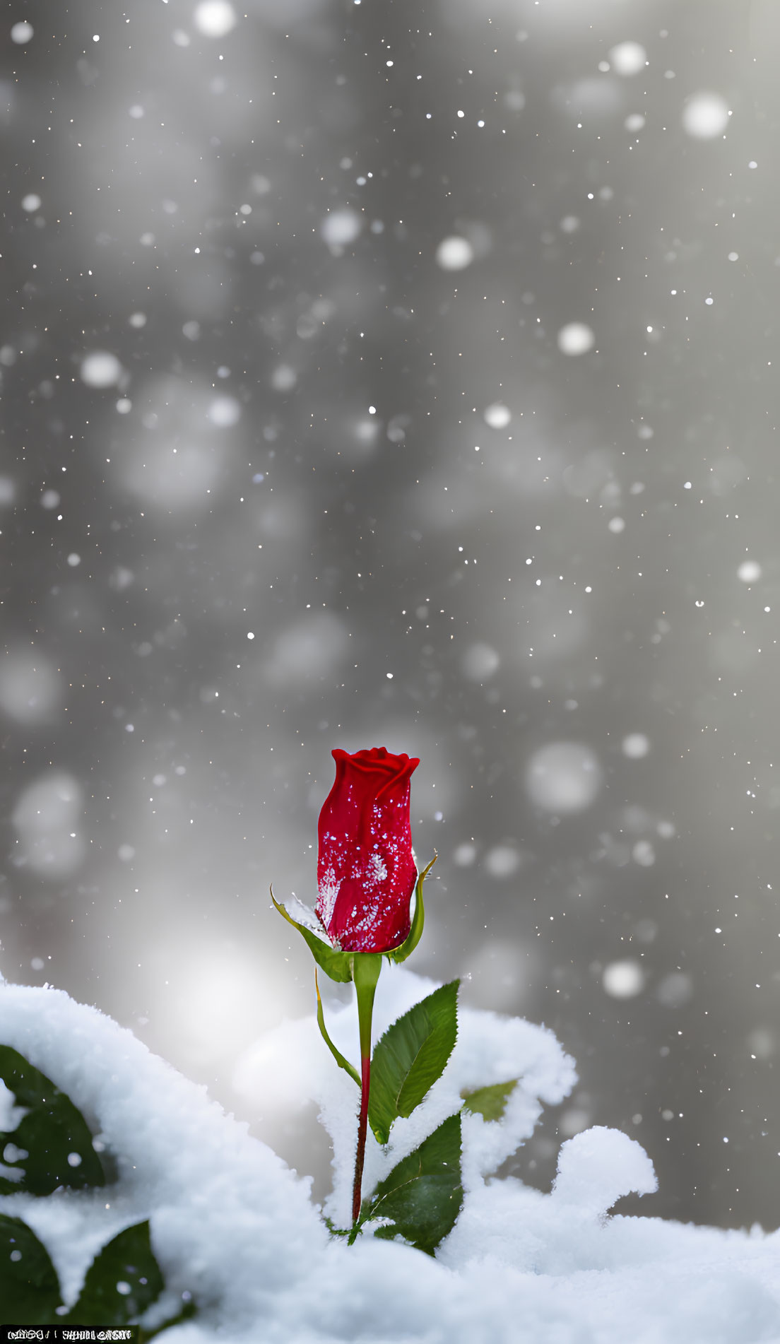 Vibrant Red Rose in Snowy Scene with Falling Snowflakes