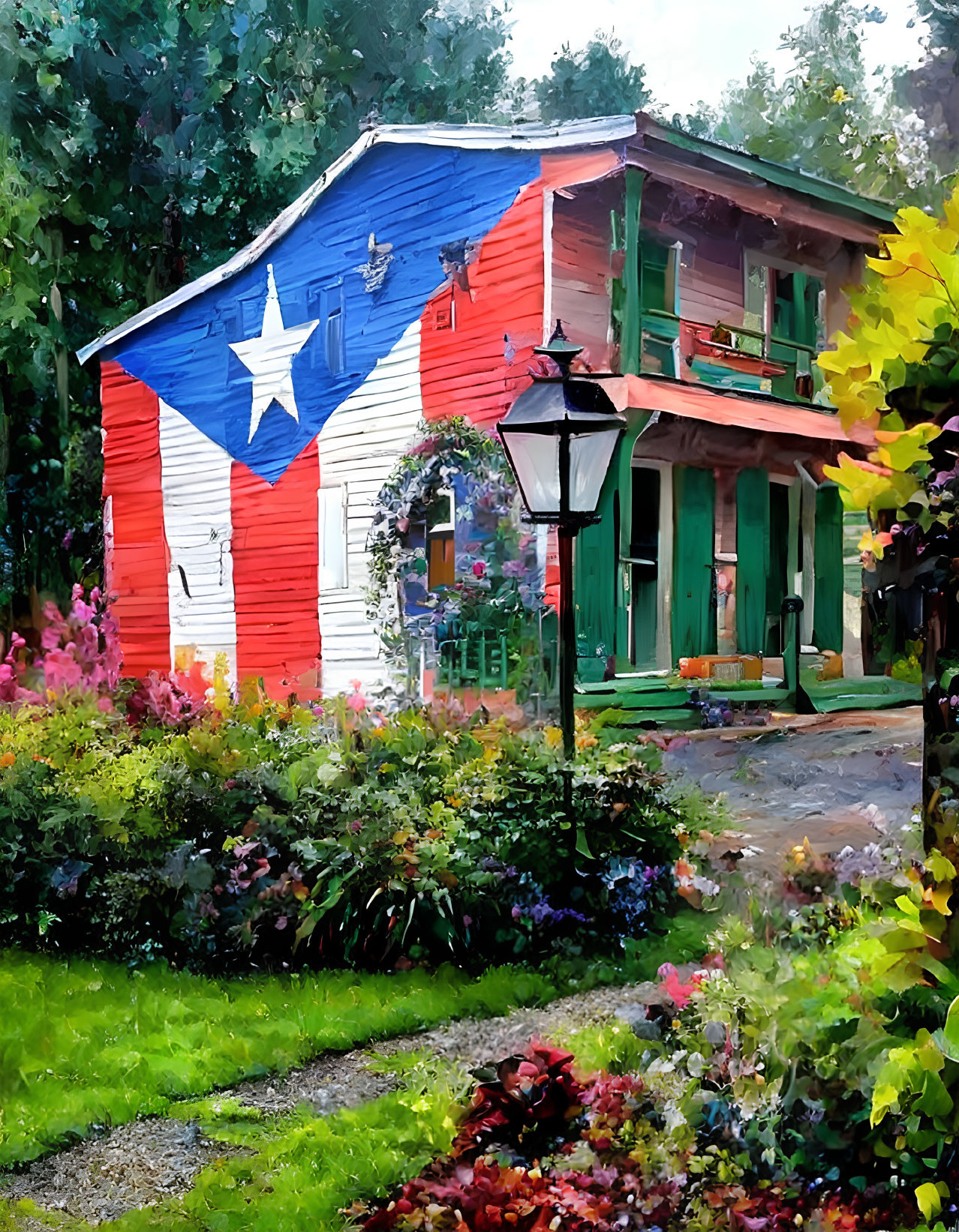 Detailed painting of two-story house with Texas flag, gardens, and vintage street lamp