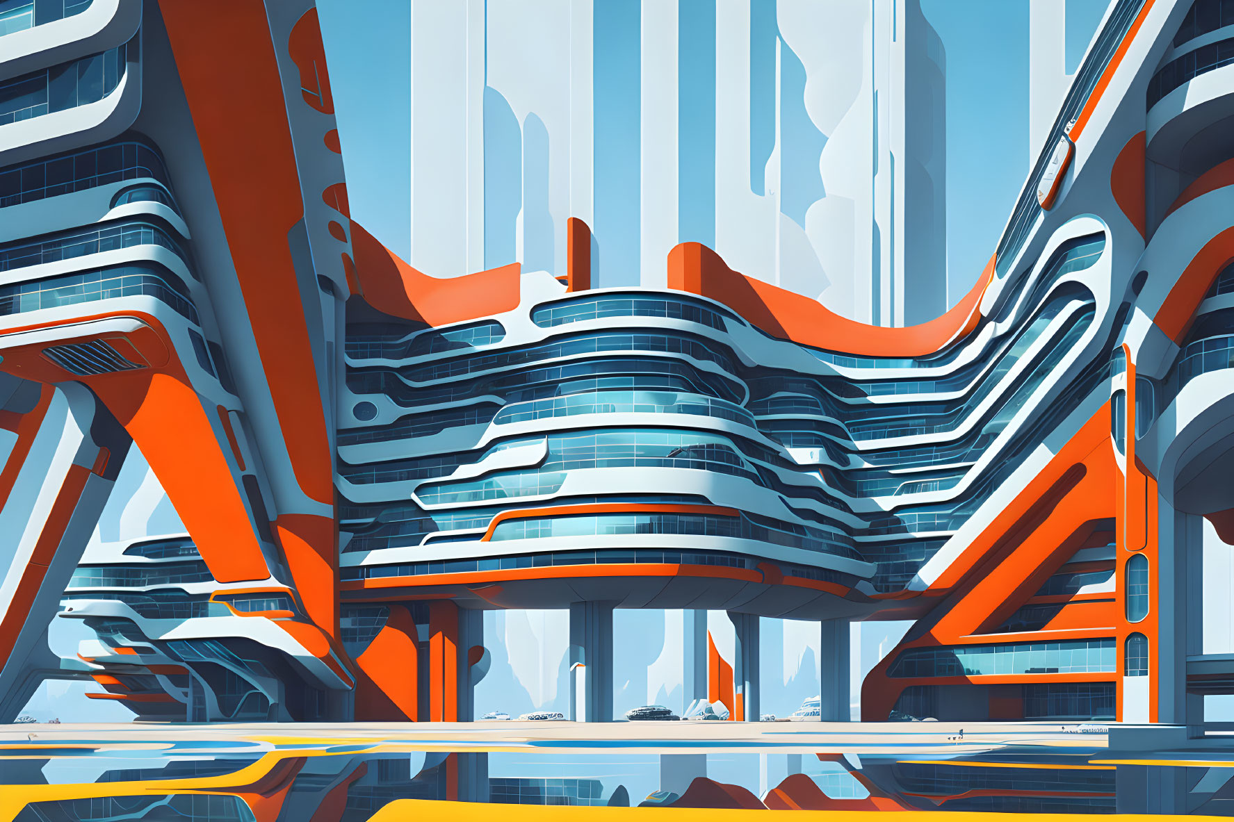 Stylized futuristic cityscape with layered buildings and orange bridges