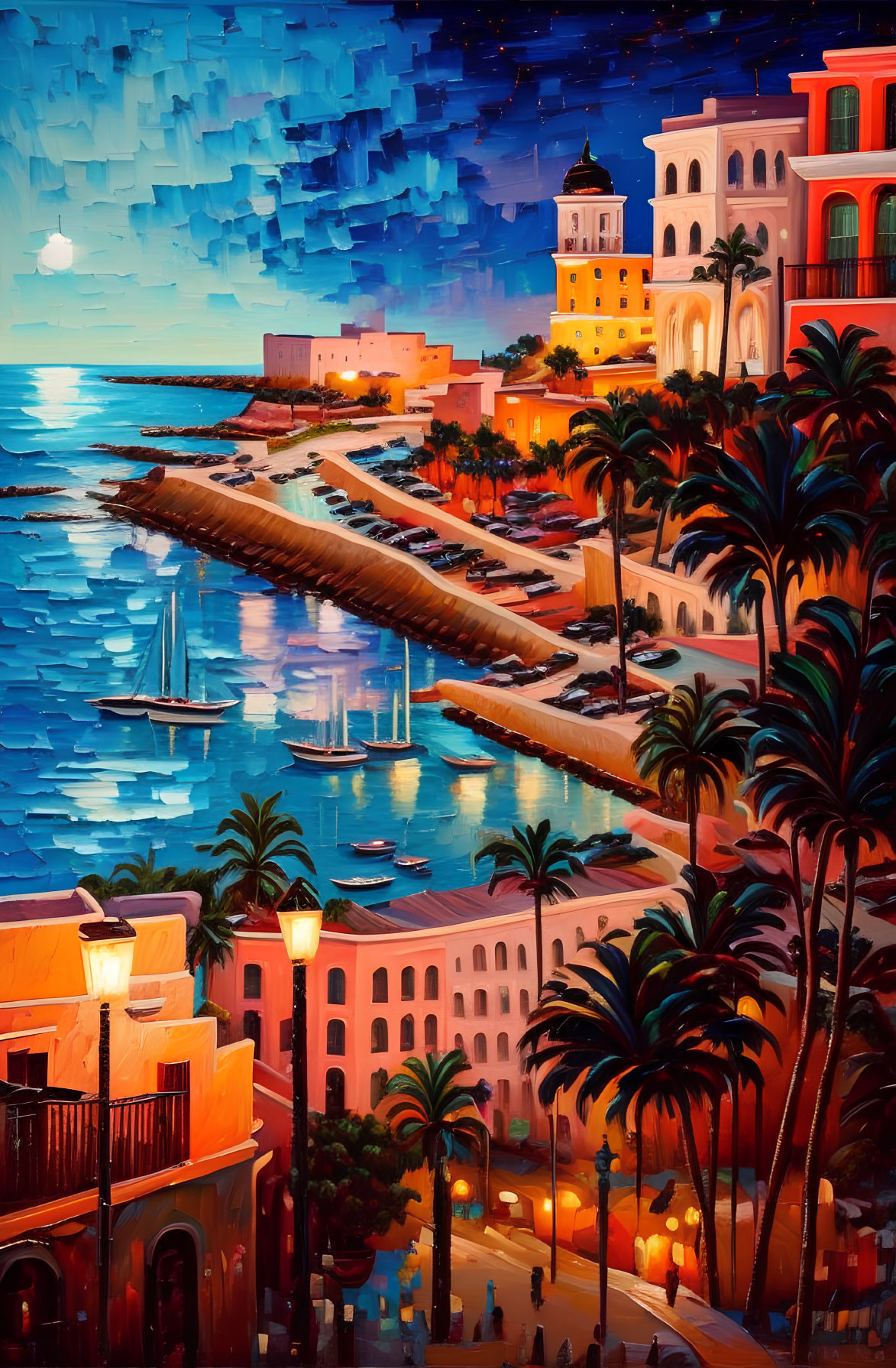 Colorful coastal dusk scene with harbor, boats, palm trees, historic buildings, and lighthouse under