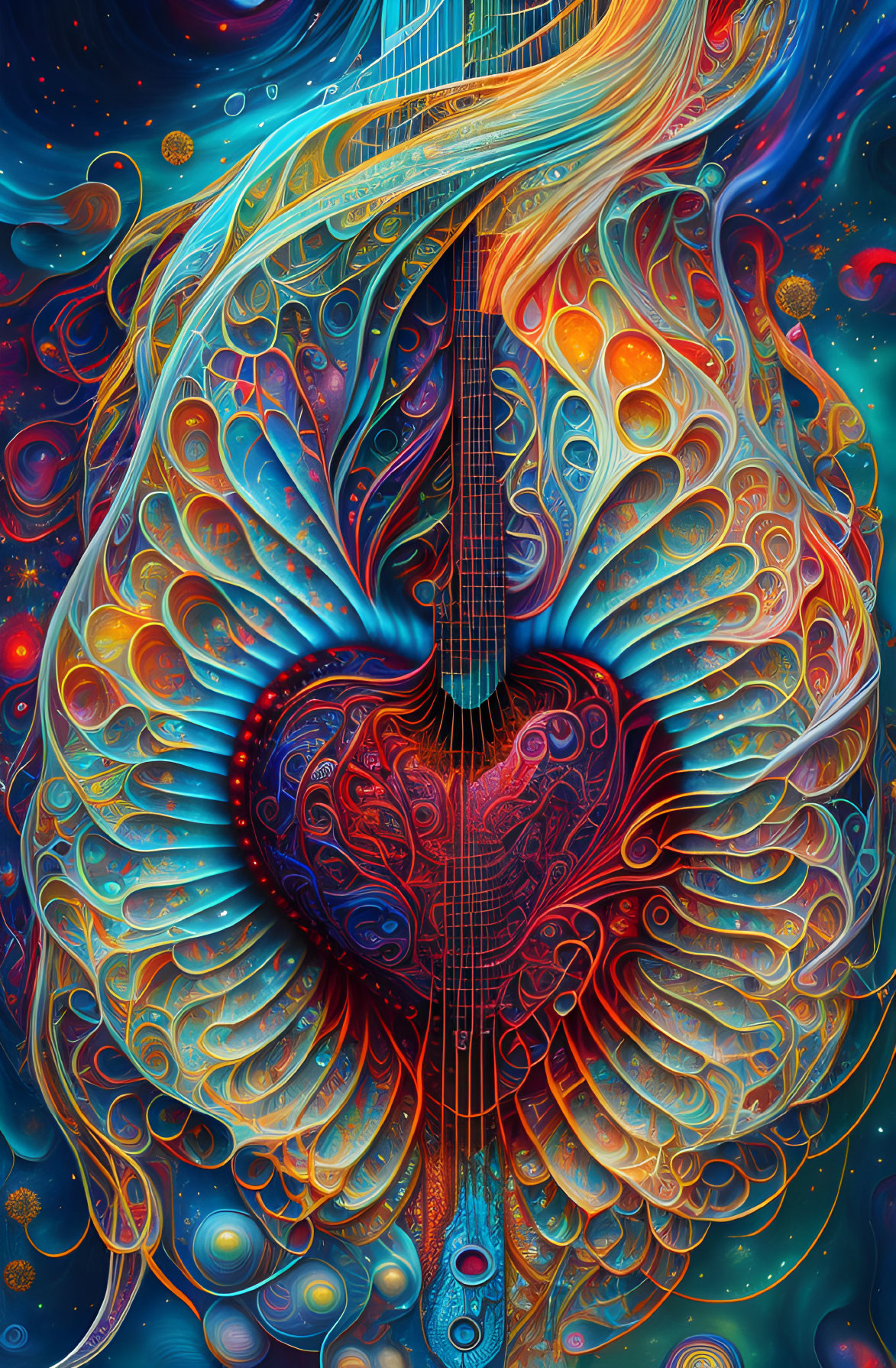 Colorful Digital Artwork: Stylized Heart, Cosmic Patterns, Guitar, Abstract Designs