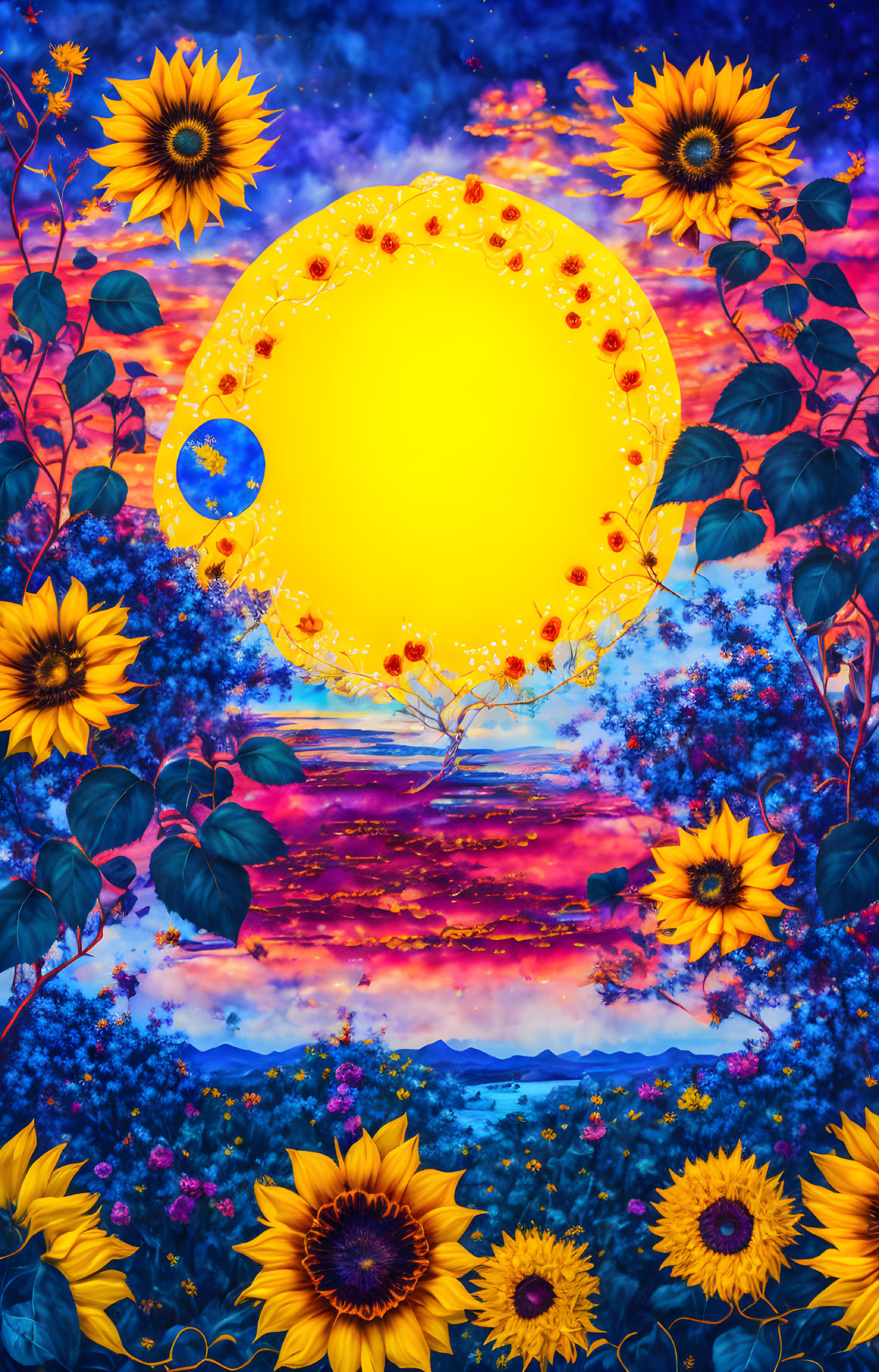 Colorful surreal artwork: large glowing sun, sunflowers, red tree, blue and purple sky