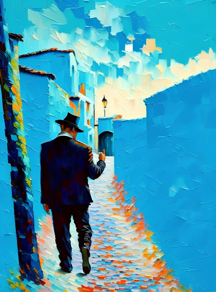 Man in suit and hat walking in vibrant blue alleyway under azure sky