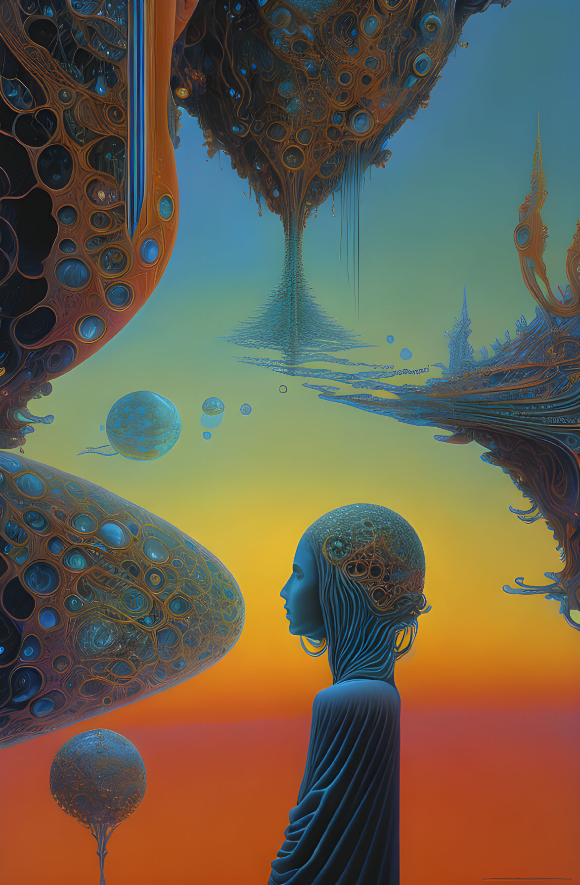 Surreal human head profile with intricate patterns, orbs, and alien trees on orange-blue sky.