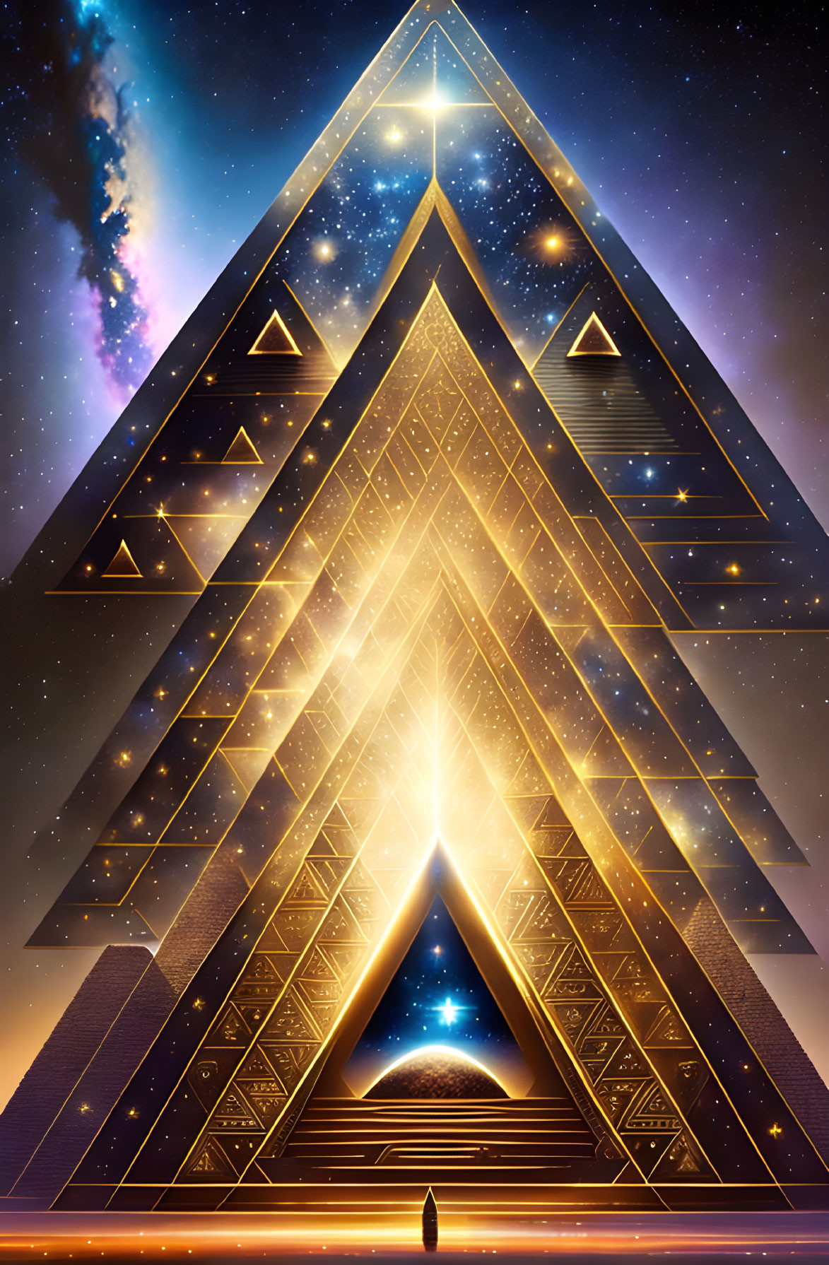 Person standing before colossal glowing pyramid with cosmic patterns and smaller pyramids under starry sky.