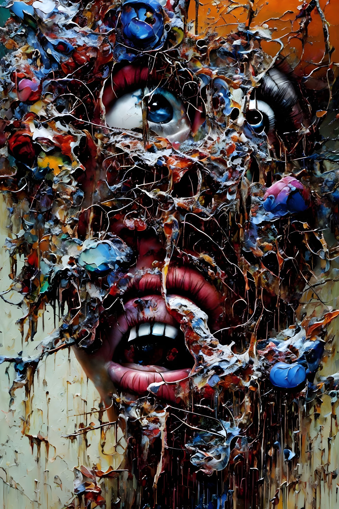 Colorful Abstract Painting of Fragmented Human Face with Expressive Eyes and Mouth