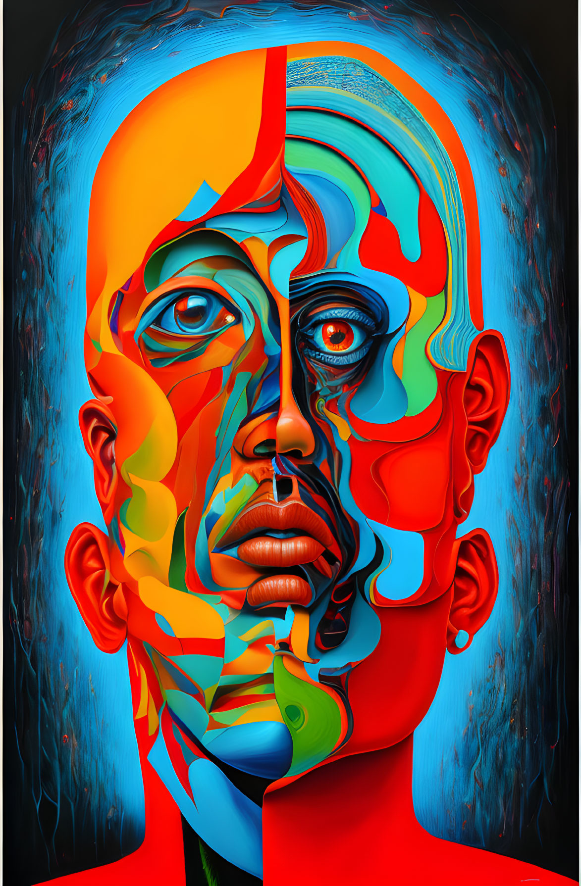 Vibrant digital portrait with abstract, multi-colored patterns on dark background