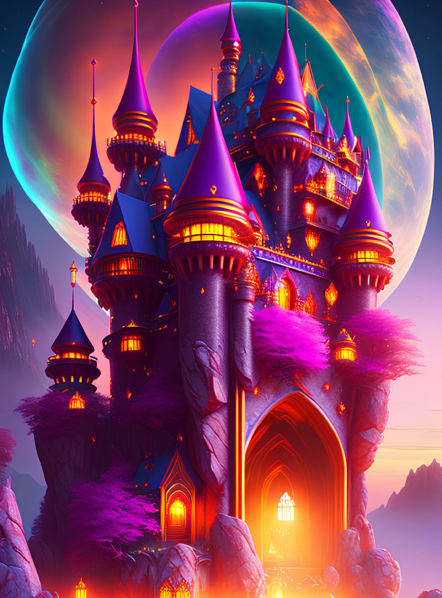 Fantasy castle with purple spires under moons in surreal sky