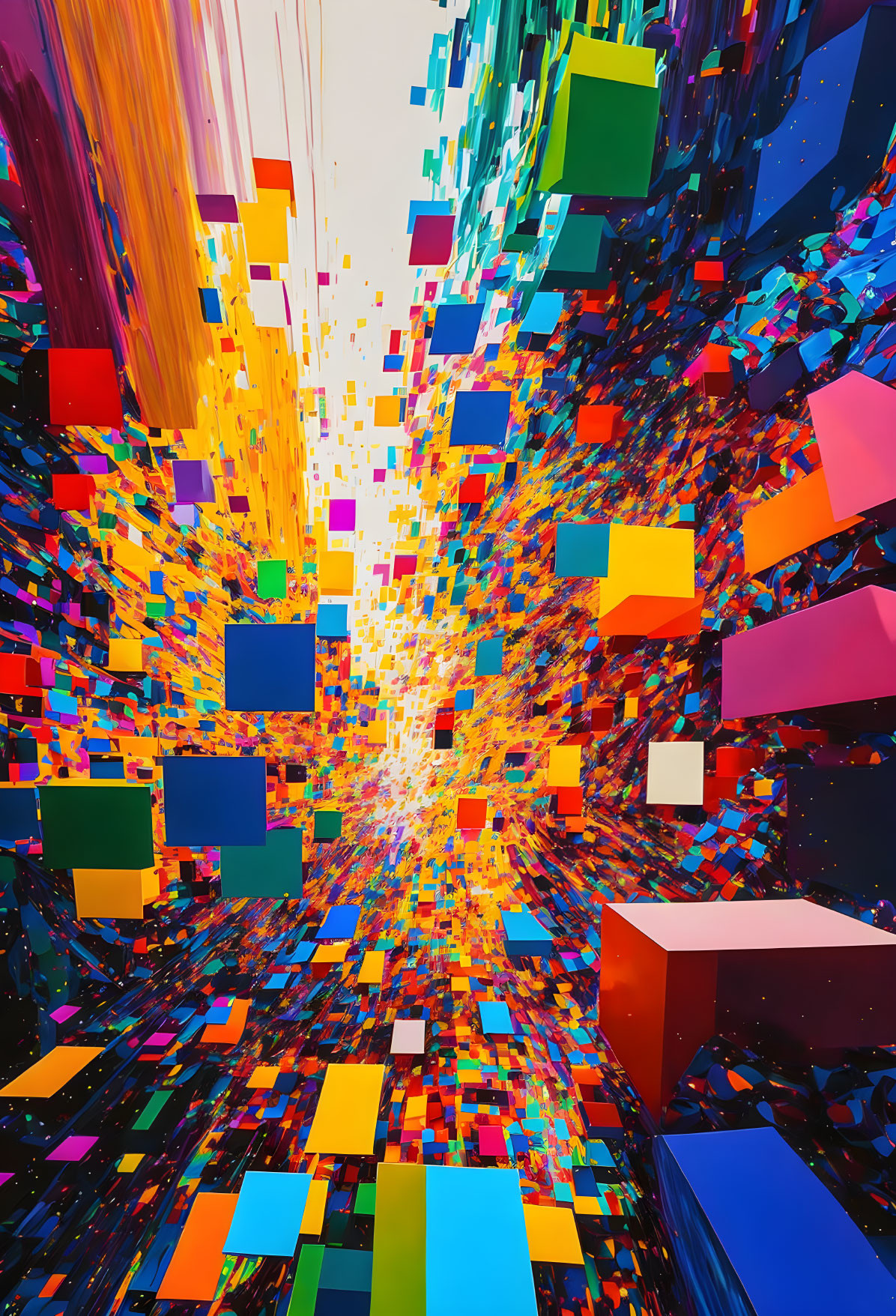 Colorful geometric shapes in digital art explosion.