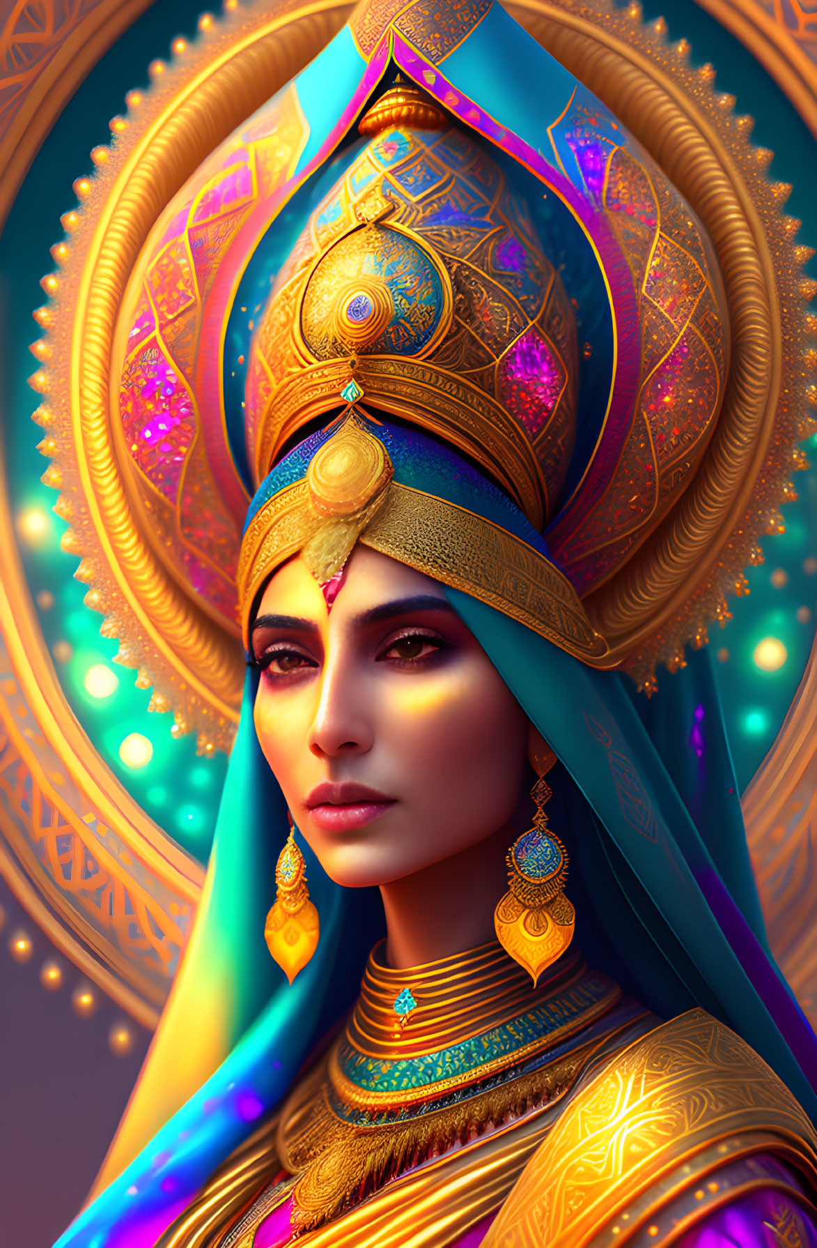 Digital Artwork: Woman in Royal Attire with Ornate Headdress