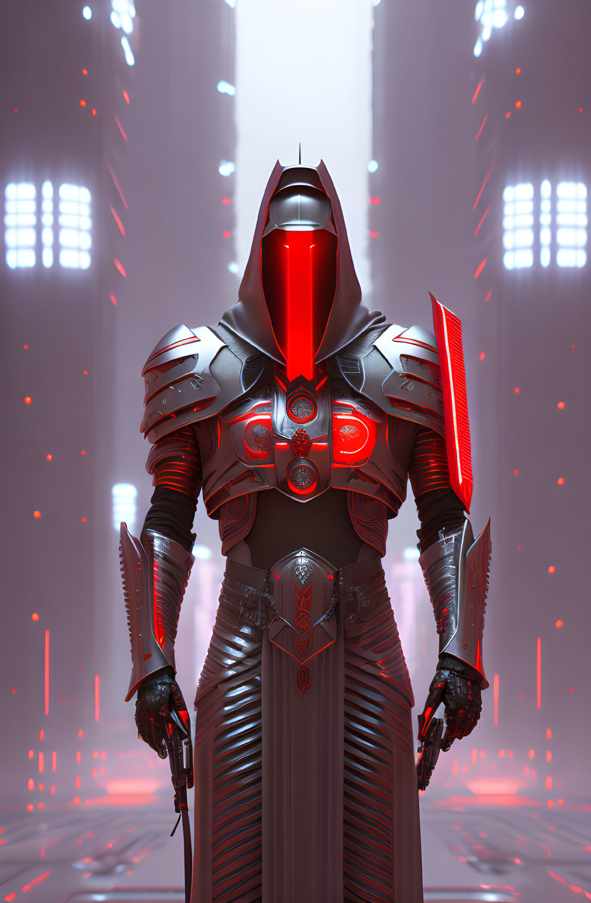 Futuristic knight in red and silver armor with glowing visor in high-tech setting