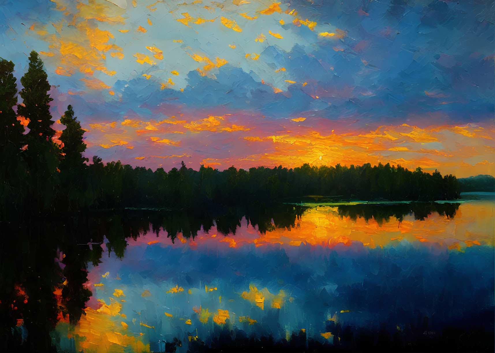 Sunset oil painting: vivid orange clouds reflected on tranquil forest lake