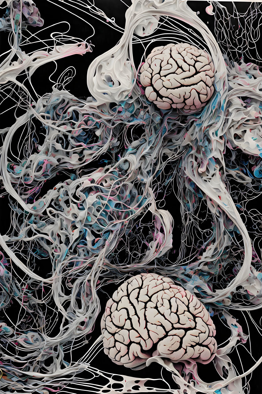 Abstract art: Two human brains intertwined in chaotic neural patterns