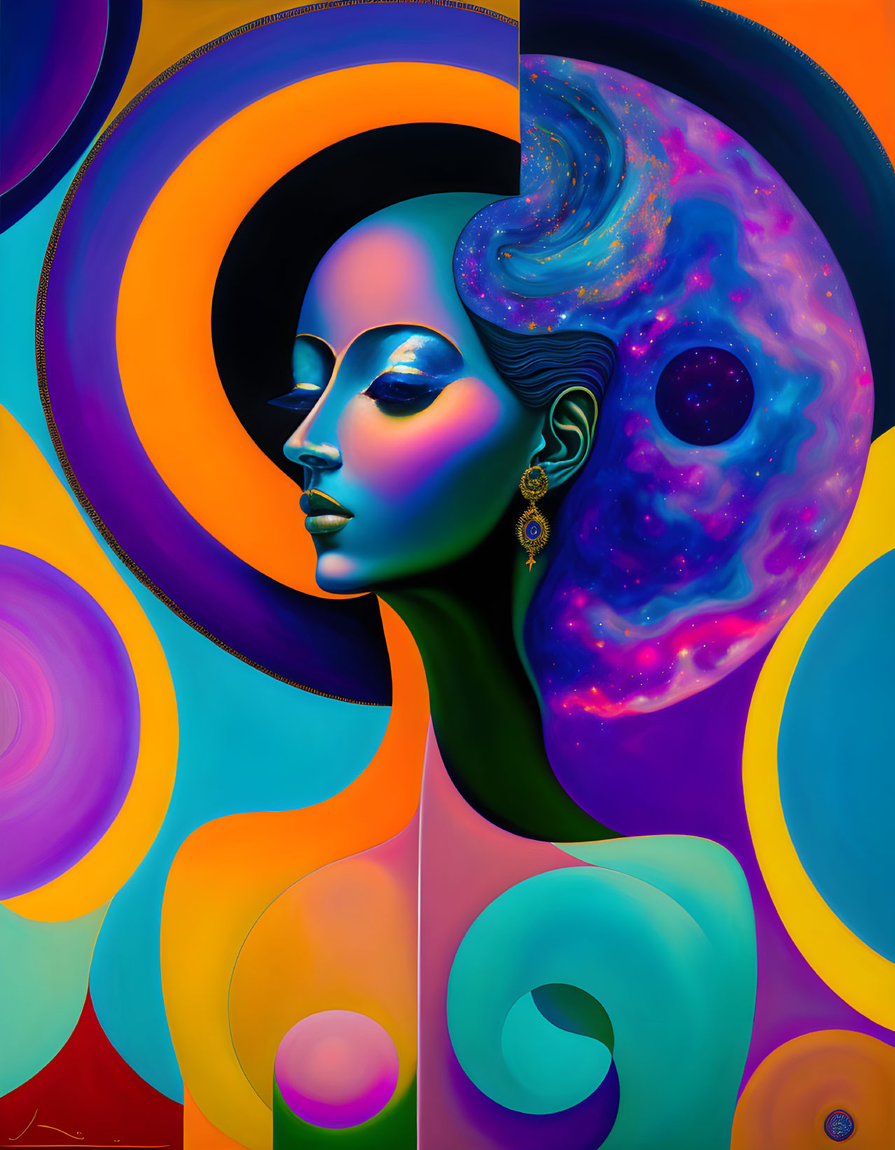 Vibrant Woman Portrait with Cosmic Hairstyle & Swirling Patterns