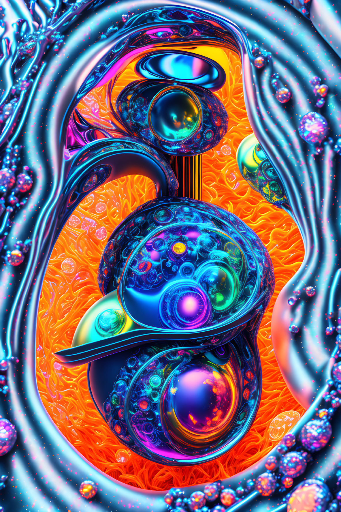 Colorful orbs and bubbles with neon swirls on psychedelic backdrop