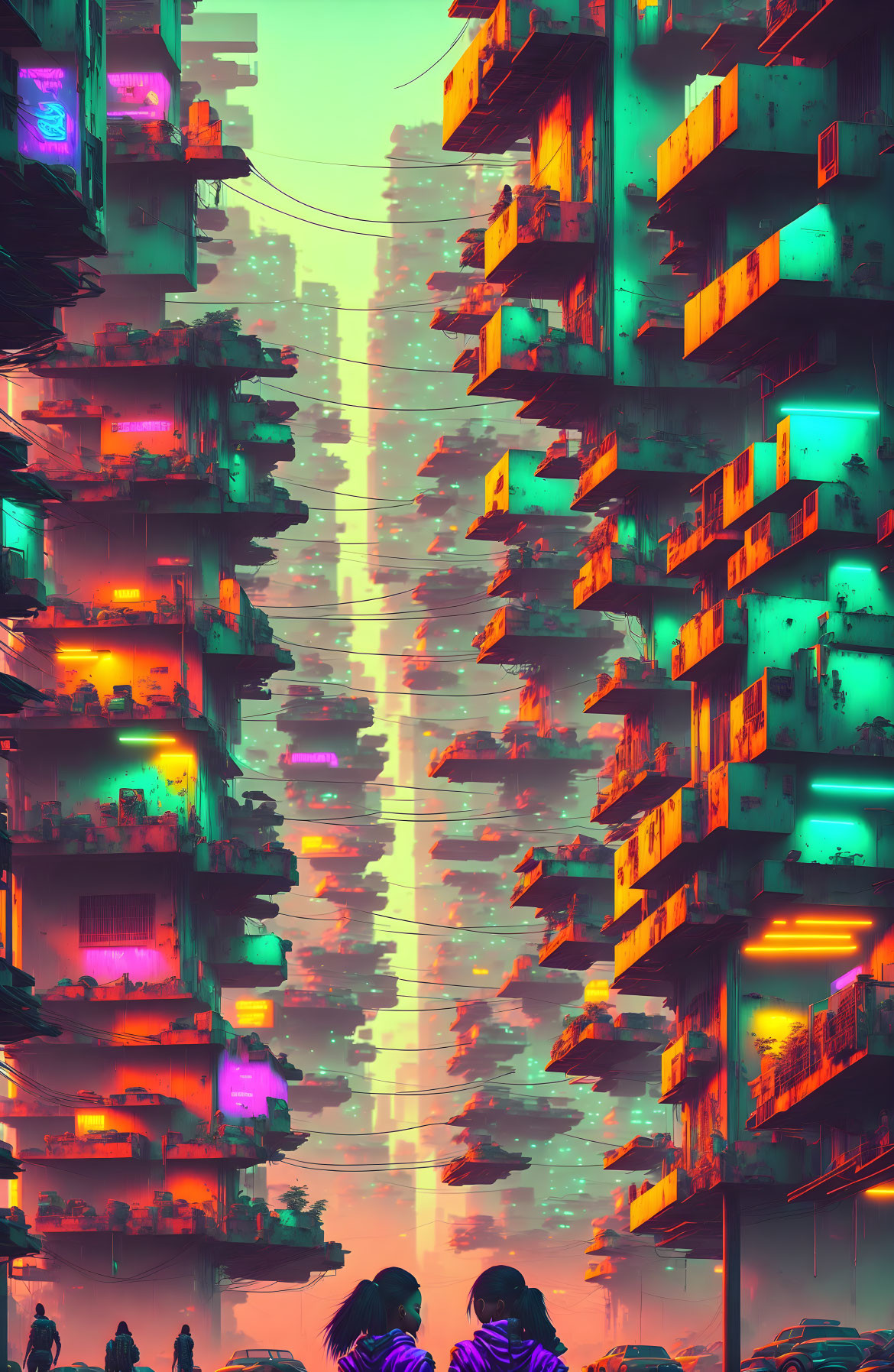 Futuristic neon cityscape with towering buildings and silhouetted figures