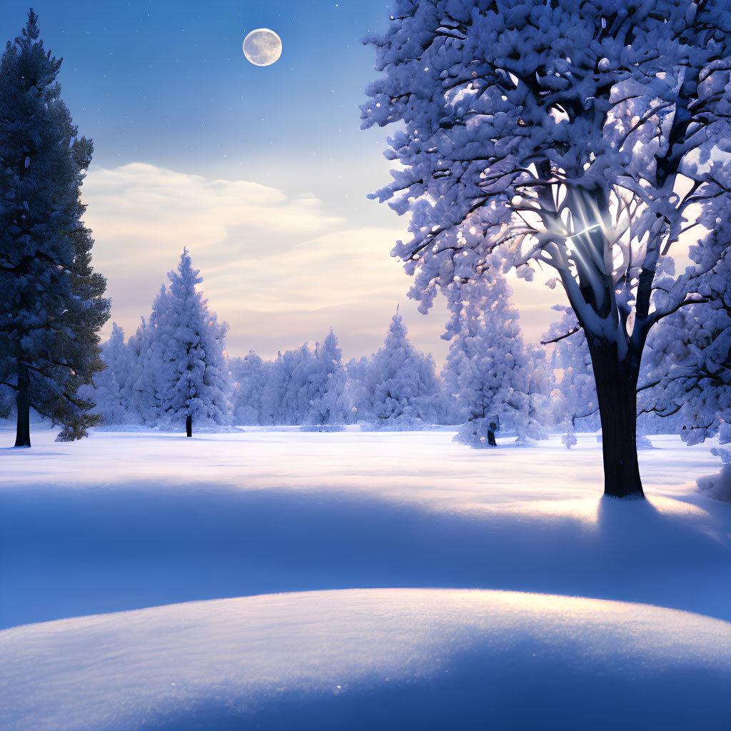 Snow-covered trees under full moon in starlit winter night