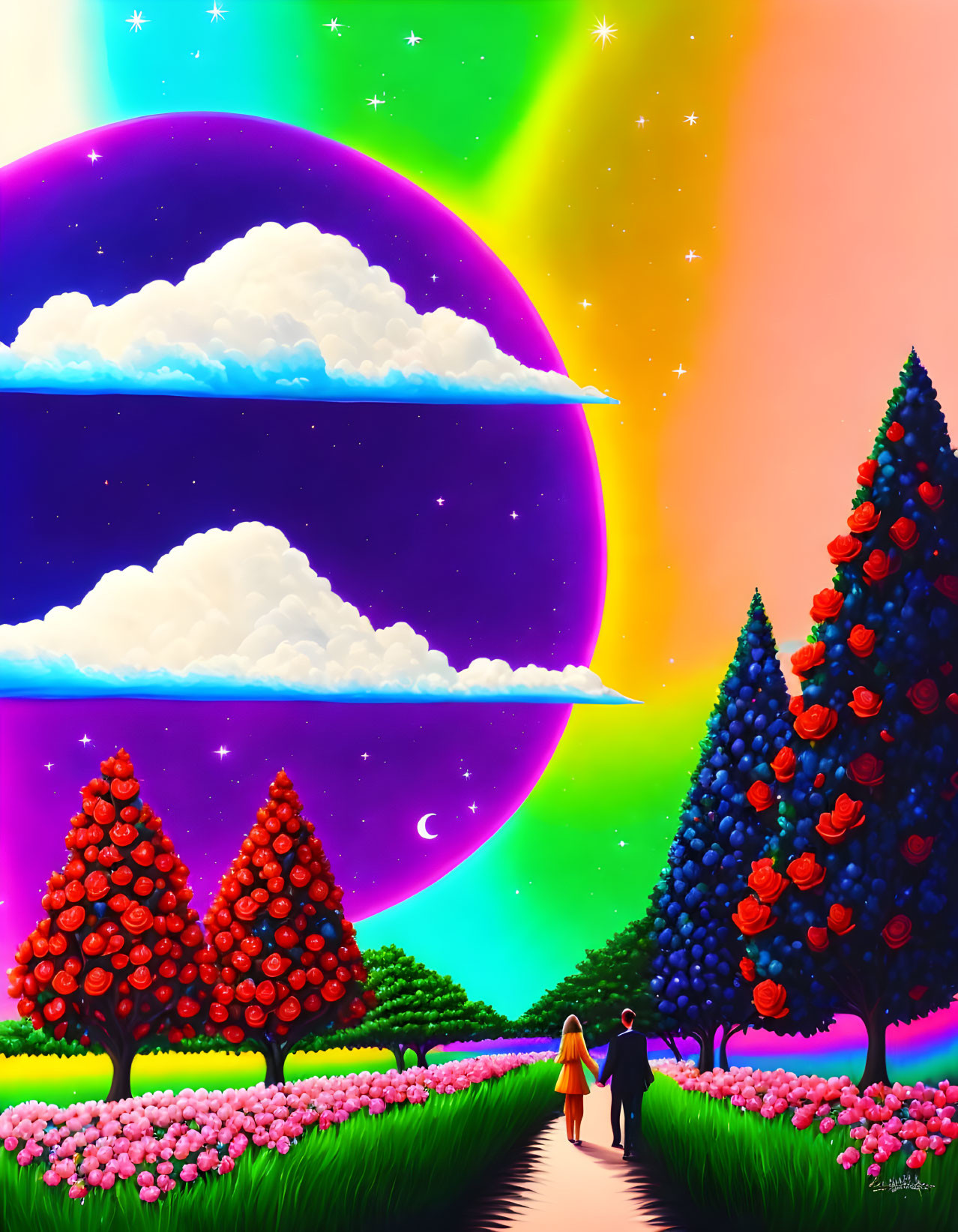 Colorful artwork of couple walking under surreal sky