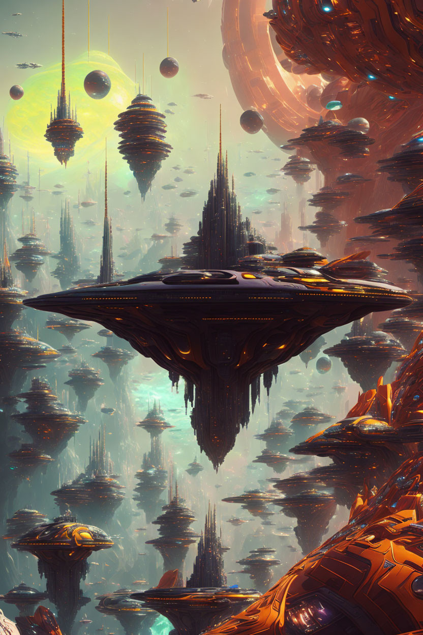 Futuristic cityscape with towering spires and alien sky featuring a starship.