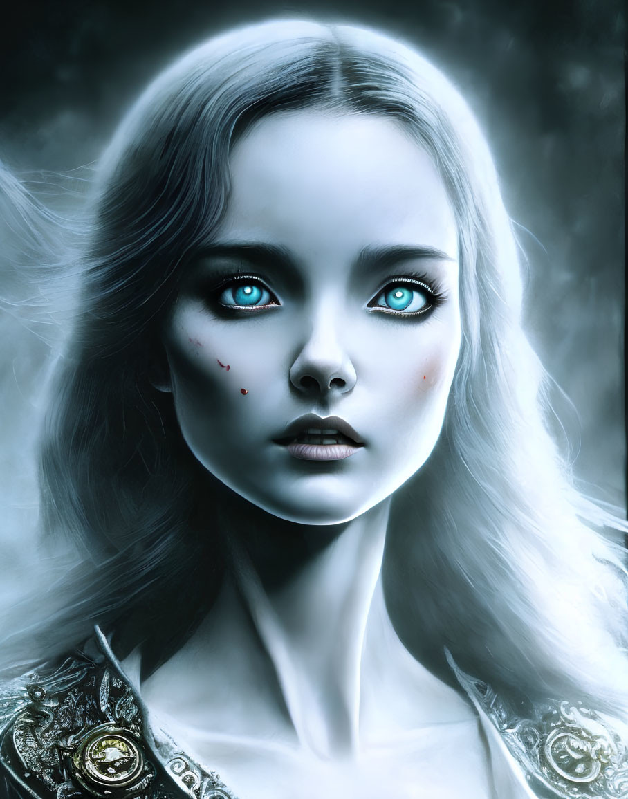 Digitally created portrait of woman with blue eyes and pale skin against misty backdrop