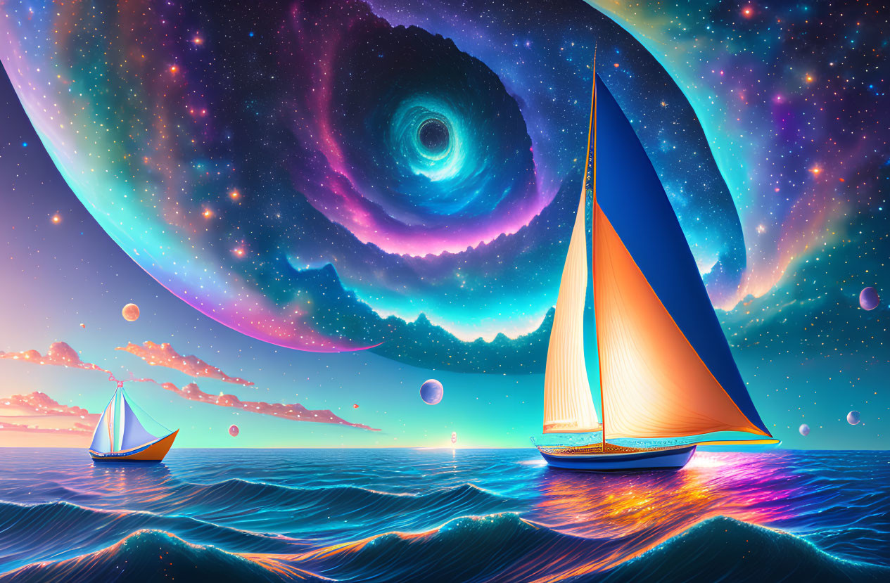 Colorful Digital Art: Sailboats on Cosmic Sea with Galaxy, Planets, Stars