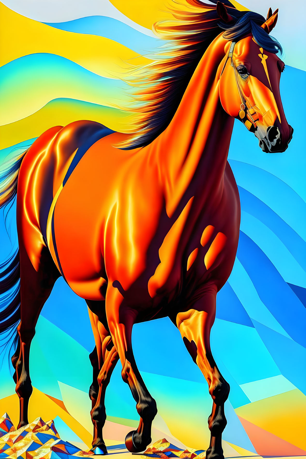 Colorful Digital Artwork: Orange Horse with Flowing Mane on Multicolored Background