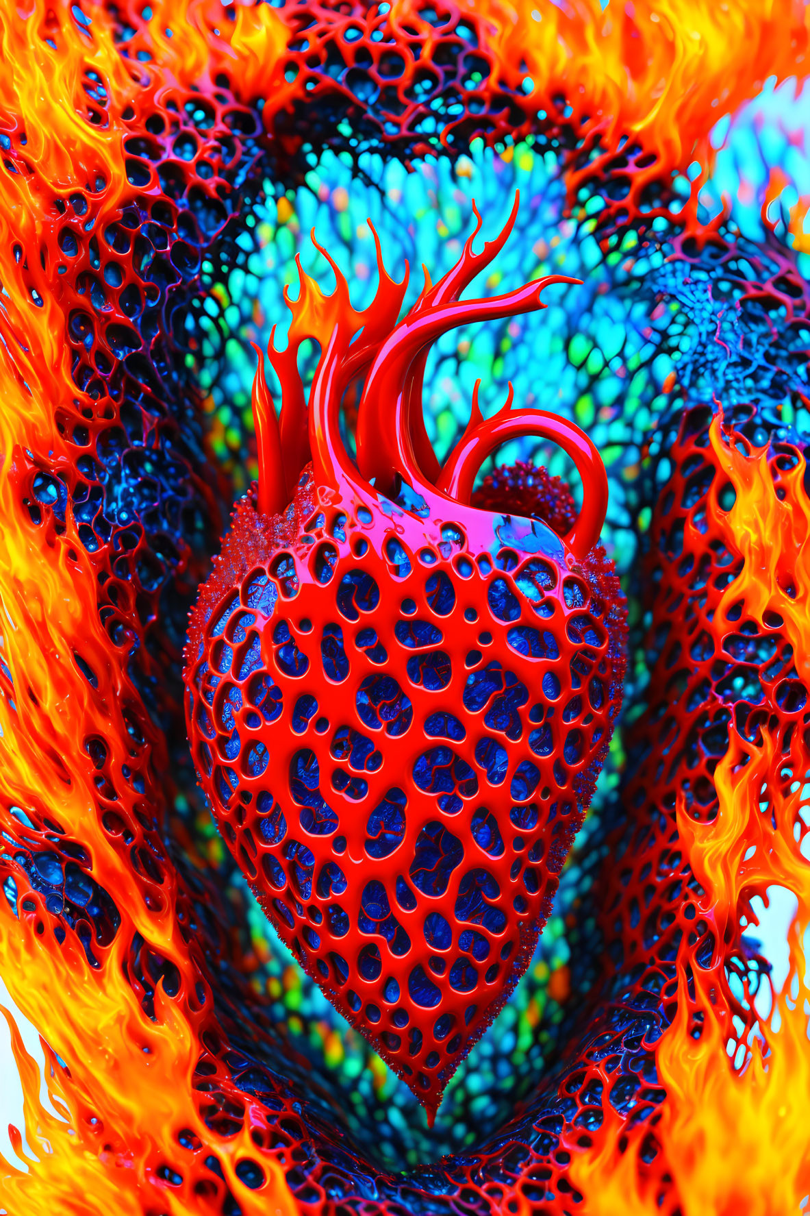 Colorful 3D-rendered heart with porous surface, blue mesh, and fiery orange flames