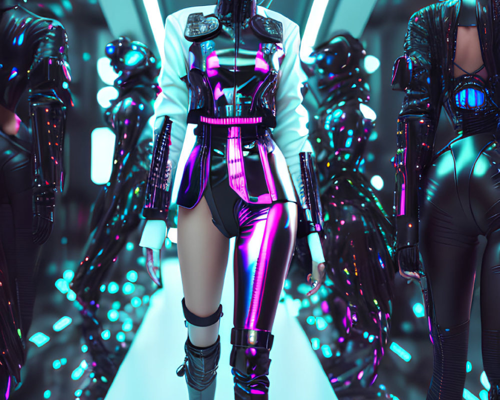 Futuristic cyberpunk woman in VR glasses with robots in neon-lit corridor