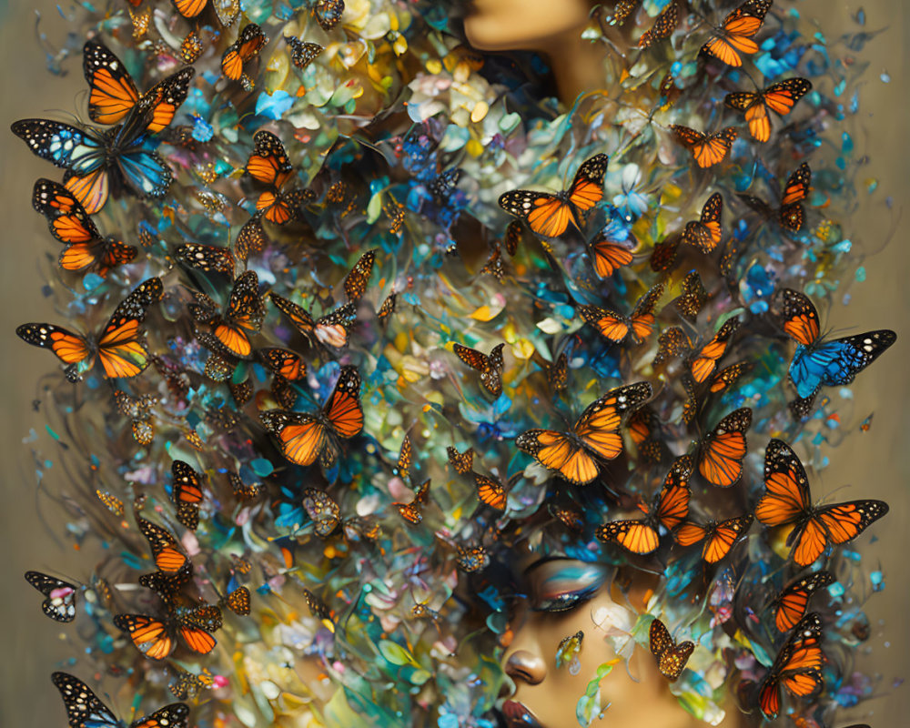 Colorful image of two women surrounded by butterflies and flowers