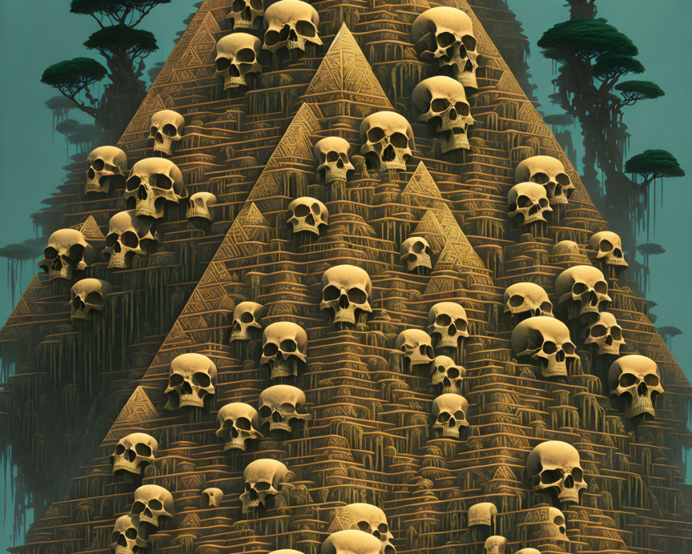 Mystical pyramid with skull decorations in jungle setting