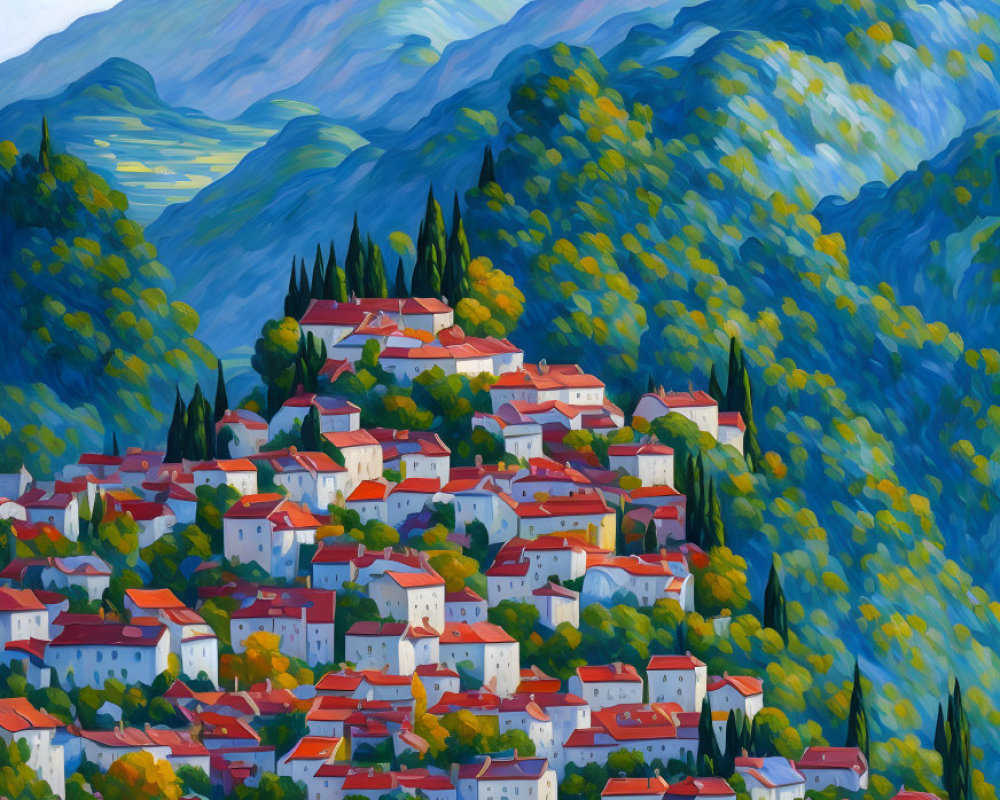 Colorful impressionistic painting of hilltop village with mountains in bold swirls